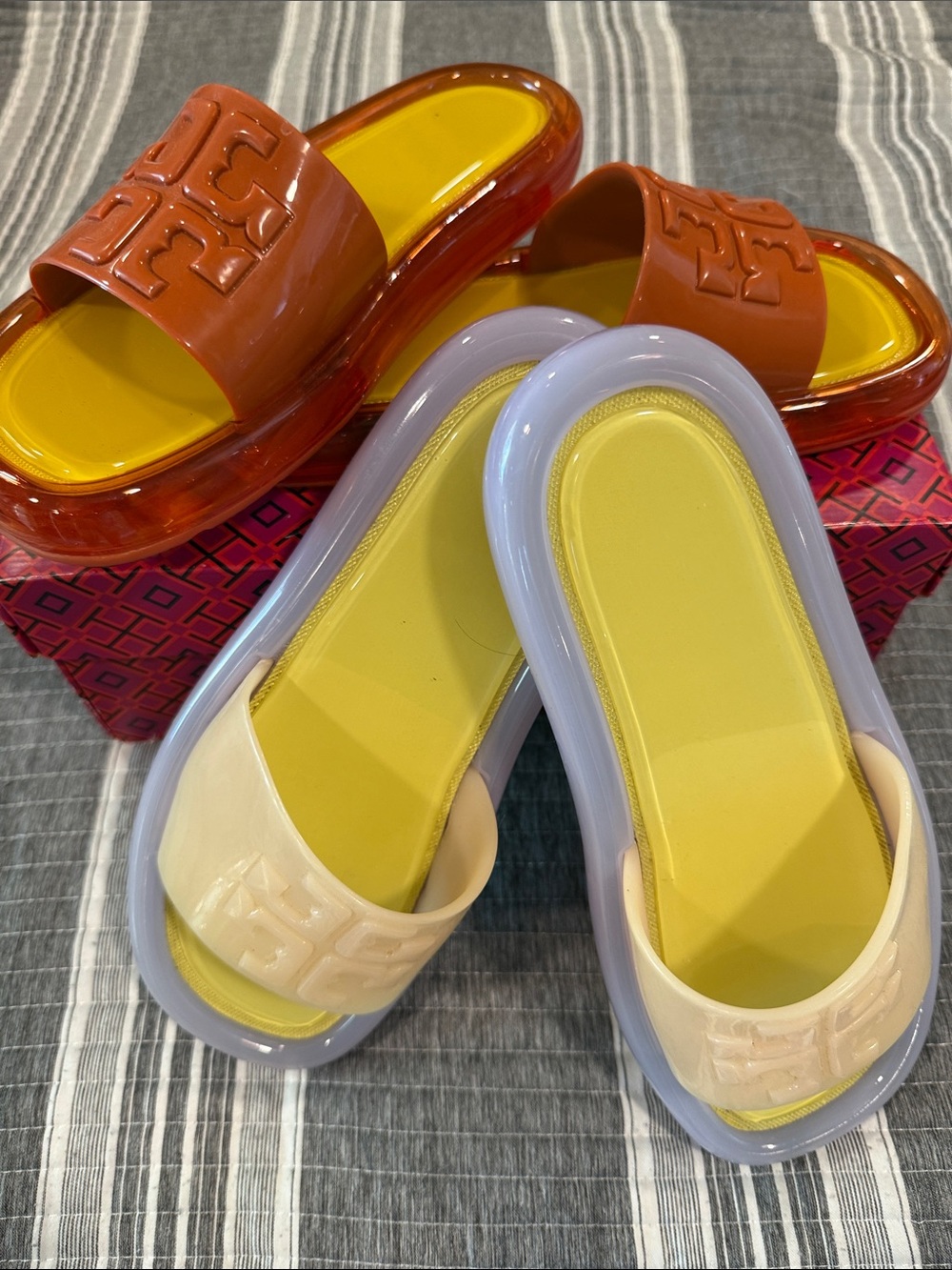 2 pairs Tory Burch Orange & Cream Platform Slide Sandals with Yellow Footbeds